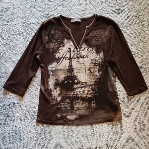 Y2K Blue Canyon Clothing Paris 3/4 Sleeve Cotton Top Size Large